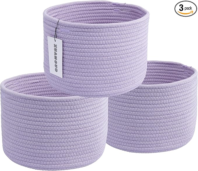 XUANGUO Small round Storage Basket - 3-Pack Round Cube Bins (10x10x7'') for Shelves, Closets & Bookcases | Durable Rope Organizers for Nursery, Baby, Toys, Easter & More (purple)