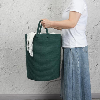 Woven Cotton Rope Laundry basket-15”X20” Laundry Hamper-Rope Storage Basket for Dirty Clothes, Toys and Blankets Perfect for Bathroom, Baby nursery and Living Room Storage (dark green)