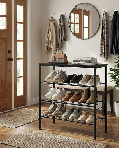 Shoe Rack, 4-Tier Shoe Storage Organizer for Closet and Entryway, Sturdy Metal Shoe Shelf with Adjustable Leveling Feet & Wooden Top for Small Spaces, 26.9” x 12.8” x 26.1”, Black