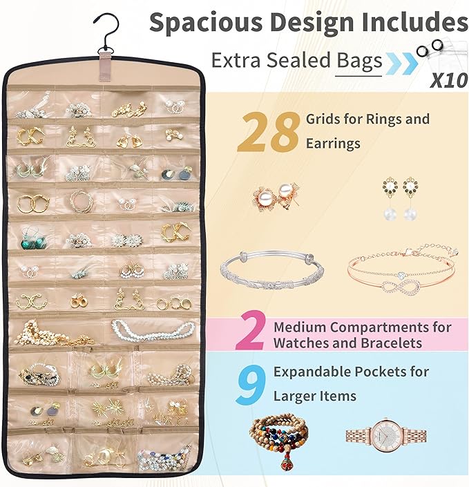 Hanging Jewelry Organizer for Closet, Double-Sided Jewelry Storage for Earrings, Necklaces, Rings on Wall/Door, Earring Holder Organizer Wall with Hooks, Includes 10 Sealed Bags, Water- & Dustproof