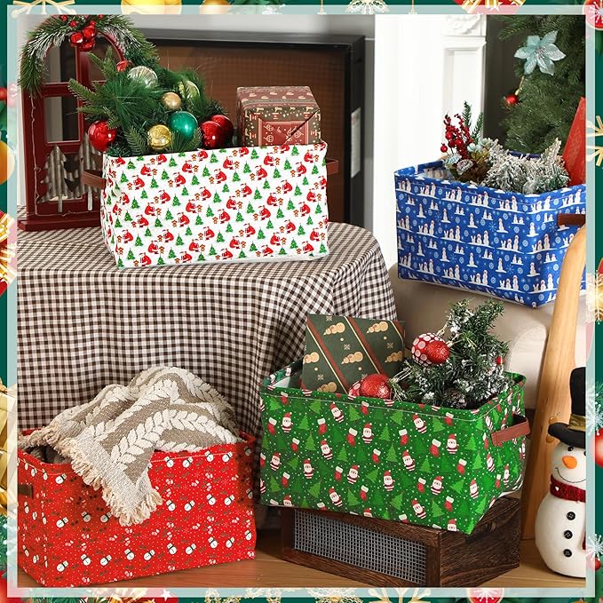 Boao 4 Pack Christmas Storage Baskets for Gifts Empty Collapsible Laundry Storage Bins with Handles Foldable Boxes for Home Bedroom Office Holiday Toy Clothes Containers