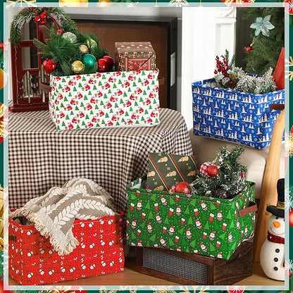 Boao 4 Pack Christmas Storage Baskets for Gifts Empty Collapsible Laundry Storage Bins with Handles Foldable Boxes for Home Bedroom Office Holiday Toy Clothes Containers
