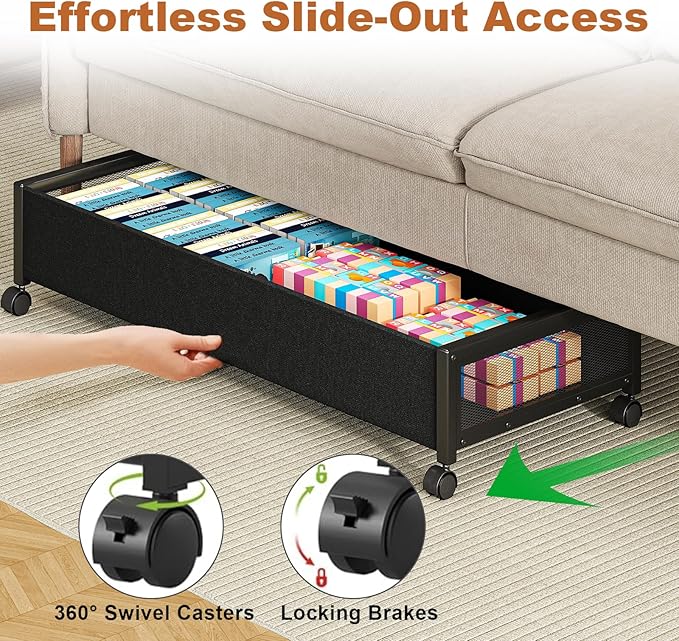 Fokyfok 2 Pack Under the Bed Storage Containers,36 inch Long Underbed Storage with Wheels,7.3 inch Height Under Bed Shoe Storage,Large Rolling under bed Clothes Storage Drawers with Lid for Dorm,Black