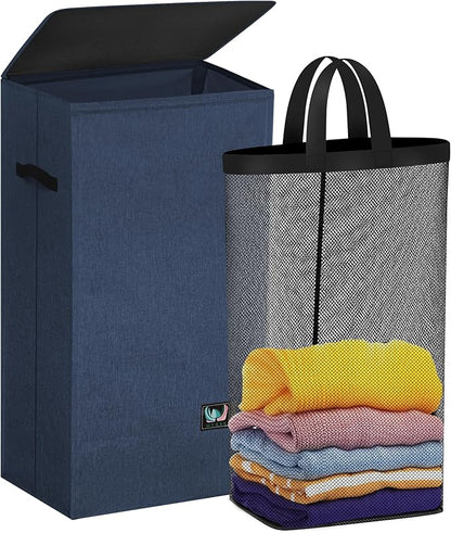 WTREE Laundry Hamper with Lid, Reinforced Sturdy Clothes Hamper with Anti-Puncture Base, Large Collapsible Laundry Basket with Removable Liner Bag, Tall Dirty Clothes Bin for Family, 100L Navy Blue