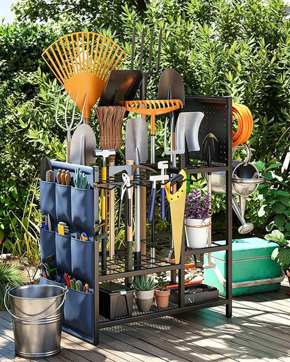 Garden Tool Organizer with Pegboard, Yard Tool Holder Standing for Garage Organization, Up to 30 Long-Handled/10 D-Handled Tools/Rake/Broom/Shovel/, with Side Storage Pocket