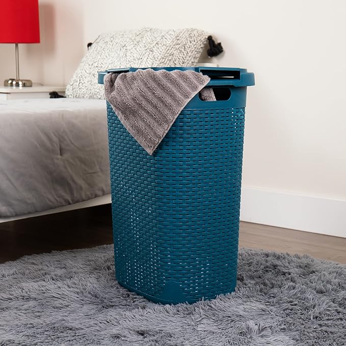 Mind Reader Slim Laundry Hamper with Lid, 60L Tall Clothes Basket, Narrow Tapered Design for Bathrooms, Closets and Laundry Rooms, Plastic, Blue