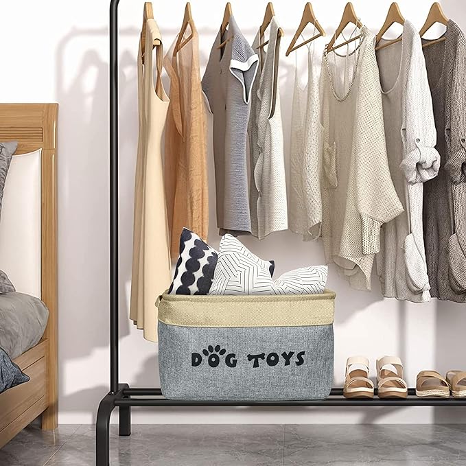 PET ARTIST Dog Toy Basket, Collapsible Dog Toy Bin Box with Comfortable Handles, Large Pet Toy Storage Basket Organizer for Accessories, Toys,Coat & Clothing,Blanket Leash (Gray, M:15"x11"x9")