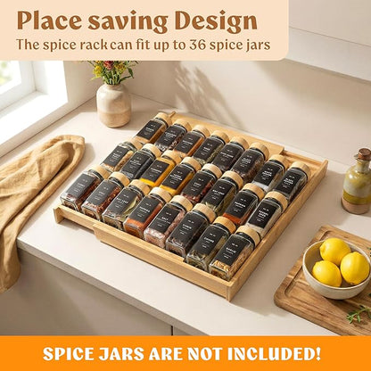 EDELHAUS Bamboo Spice Drawer Organizer - Expandable 4 Tier Spice Rack (Need 3" Deep Drawer) 12" to 24" Wide, Seasoning Organizer, Organization Seasoning Rack insert (Jars Not Included)