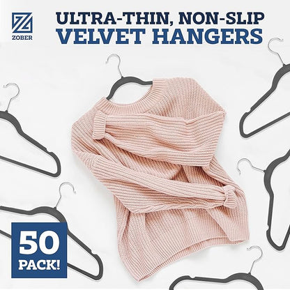 Zober Velvet Hangers 50 Pack - Heavy Duty Gray Hangers for Coats, Pants & Dress Clothes - Non Slip Clothes Hanger Set - Space Saving Felt Hangers for Clothing