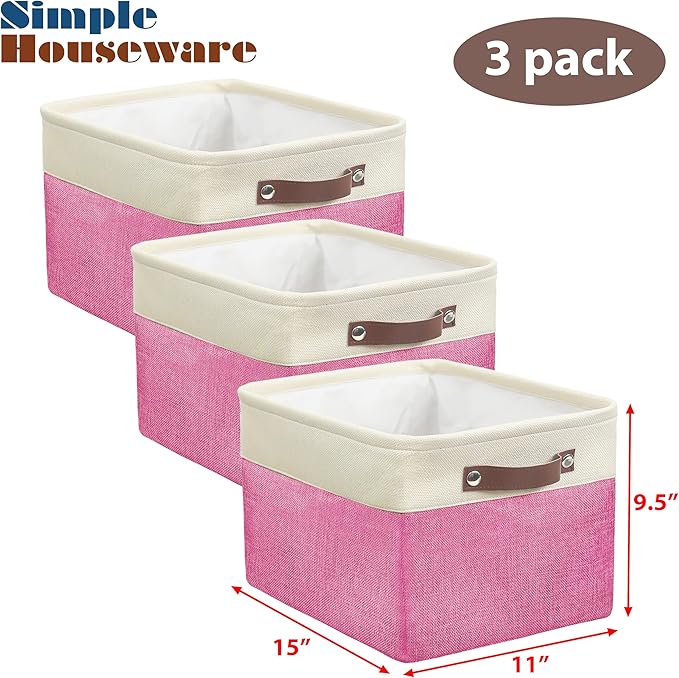 Simple Houseware 15" x 11" Large Fabric Storage Bin for Closet and Shelves, Leather Like Handles, 3 Pack, Pink