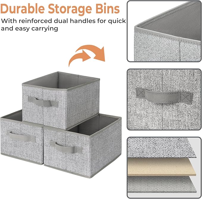 GRANNY SAYS Small Closet Storage Bins for Shelves, Storage Basket with Handles, Collapsible Storage Boxes, Decorative Organizers for Living Room Bookshelf, Gray, Small, 3-Pack