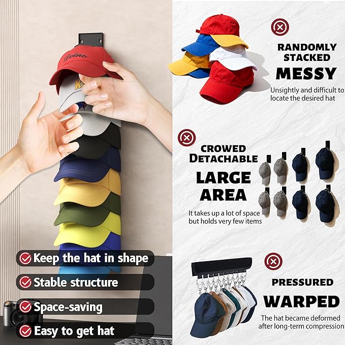 Hat Organizer Hold up to 10 Hats, Hat Rack for Wall with Strong Adhesive, Hat Organizer for Baseball Caps Display for Door Closet, Hat Hanger Holder Storage Multilayer Two Mounting Option(White)