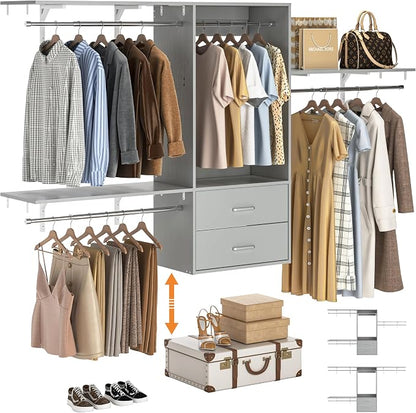 96 Hanging Closet System with 2 Wooden Drawers, 75"–87" Height Adjustable Closet Organizer System with Tower, 4-8FT Custom Closet Shelving System, Wall-Mounted Walk-In Closets Wardrobe, Grey