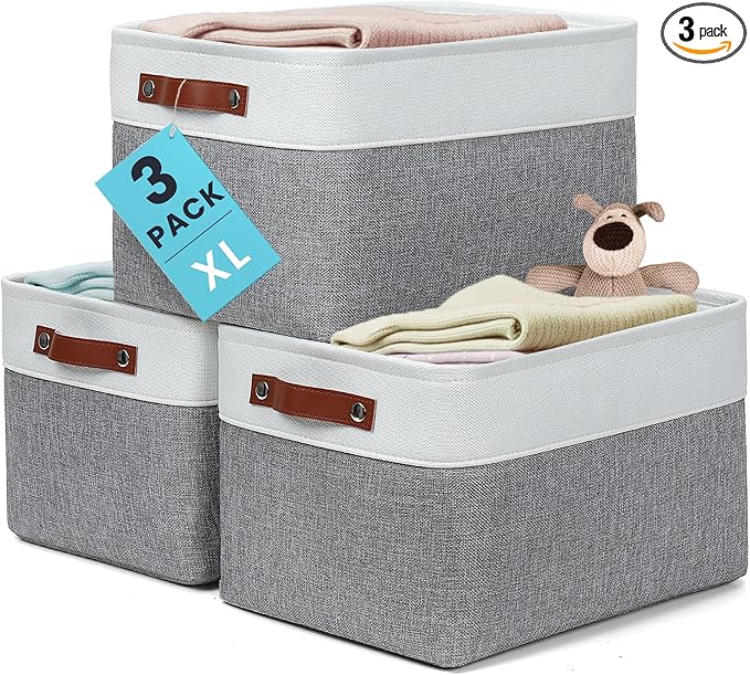 OrganiHaus 16x12.5in Canvas Storage Baskets 3 Pack | EXTRA LARGE Fabric Bins for Shelves | Linen Closet Organizer | Gray/Off-White