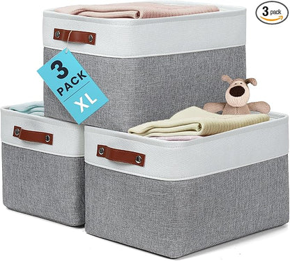 OrganiHaus 16x12.5in Canvas Storage Baskets 3 Pack | EXTRA LARGE Fabric Bins for Shelves | Linen Closet Organizer | Gray/Off-White