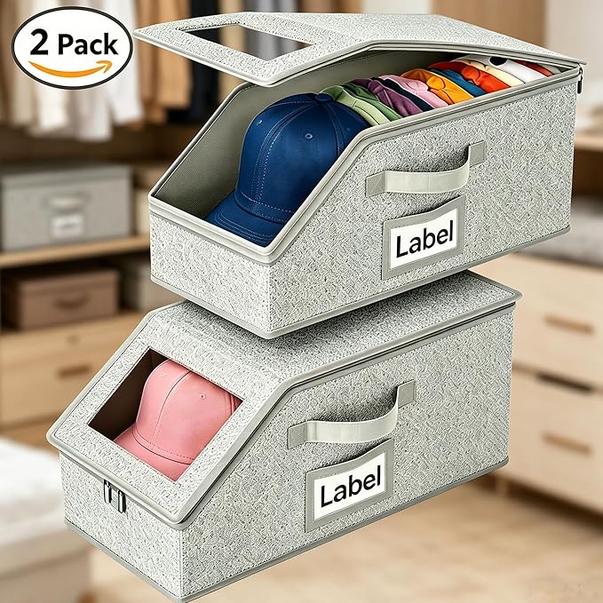 Memfish 2 Pack Baseball Hat Storage Box,Hats Organizer for Baseball Caps,16.1''L x 8.6''W x 6.7''H Baseball Cap Boxes with Clear Window & Cardboard,Holds Up to 24 Caps for Women & Men,Grey