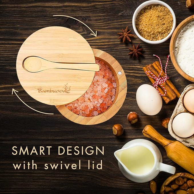 Premium Bamboo Salt Cellar with Swivel Magnetic Lid - 100% Handmade, Elegant Salt & Spices Storage Box and Multi-Use Container with Mini Spoon.