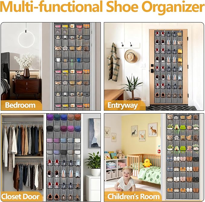 Over the Door Shoe Organizer, 40 Large Mesh Pockets Hanging Shoe Rack Organizer for Closet Behind The Door Storage Holder for Entryway Bedroom Dorm Gray