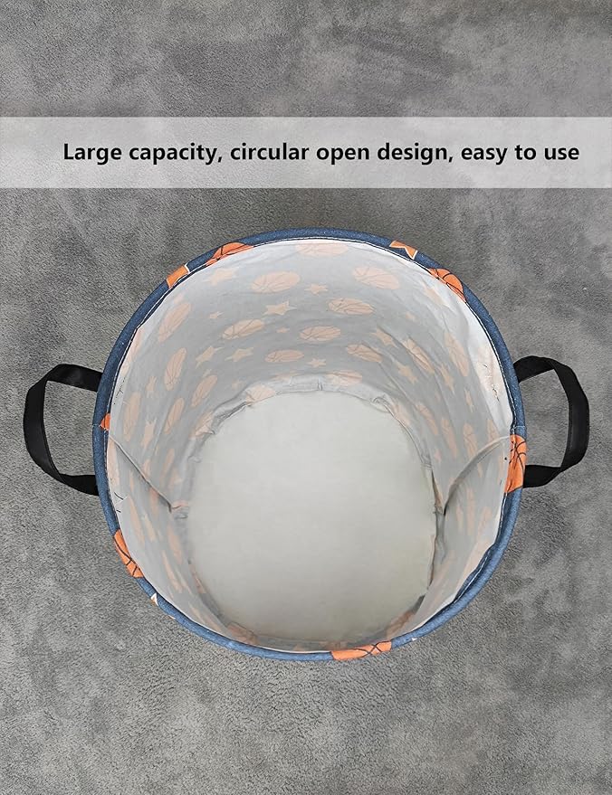 QUEENLALA Large Storage Basket,Laundry Hamper/Bathroom/Home Decor/Collapsible Round Storage Bin,Boys and Girls Hamper/Boxes/Clothing(Round-Basketball)