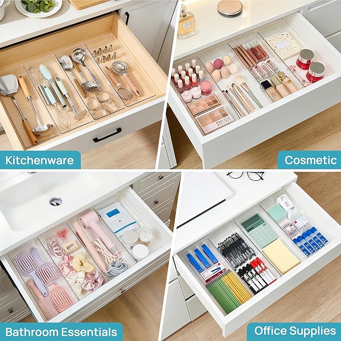 Vtopmart 4 Pack 15" X 6" Kitchen Drawer Organizers, Clear Plastic Drawer Organizer Tray, Storage Bins for Flatware, Silverware, Utensil, Cutlery