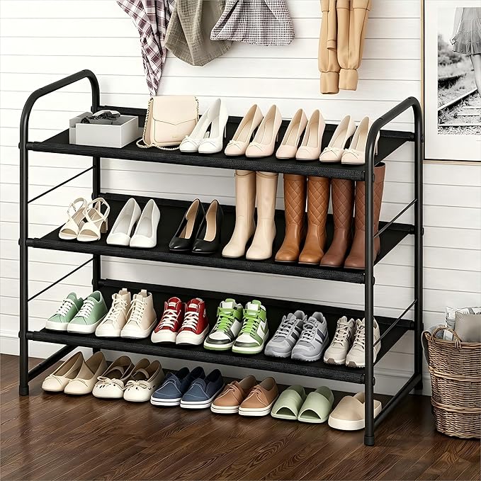 Ekisemio 3-Tier Stackable Shoe Rack – Expandable & Adjustable Fabric Shoe Organizer, Space-Saving for Closet, Black