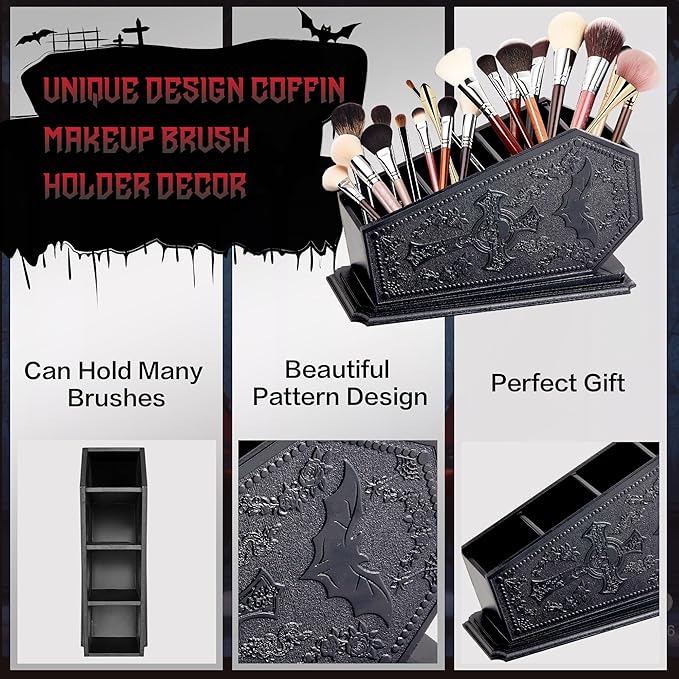 Gothic Coffin Decor Makeup Brush Holder,Spooky Witchy Gifts for Women,Bat Cosmetic Display Cases,Cross Goth Decor Pen Holder, Vanity, Desk, Office Organizer for Christmas Bedroom Bathroom,Black