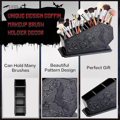 Gothic Coffin Decor Makeup Brush Holder,Spooky Witchy Gifts for Women,Bat Cosmetic Display Cases,Cross Goth Decor Pen Holder, Vanity, Desk, Office Organizer for Christmas Bedroom Bathroom,Black