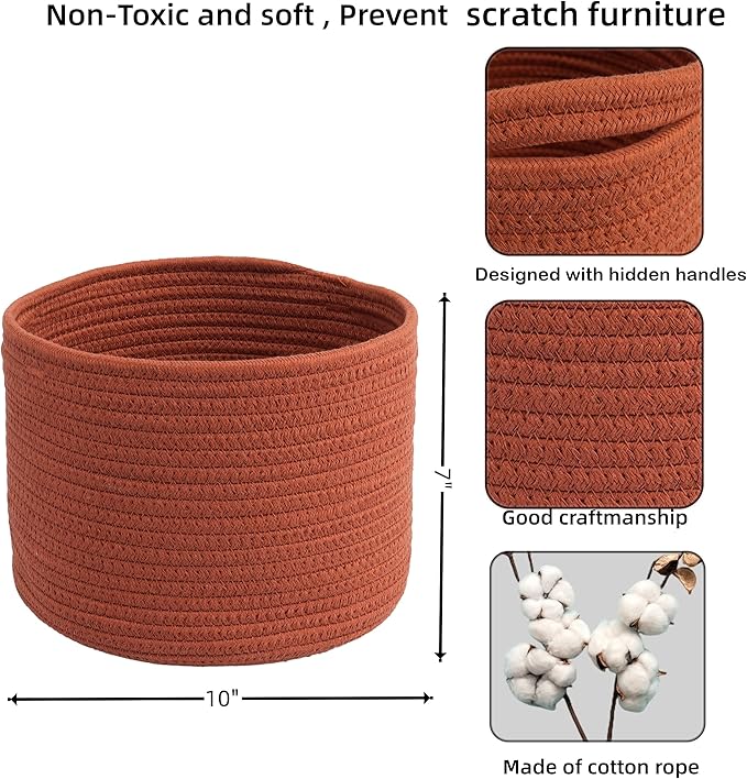 XUANGUO Woven Cotton Storage Baskets - 3-Pack Round Bins (10x10x7'') for Shelves, Closets & Bookcases | Durable Rope Organizers for Nursery, Baby, Toys, Easter & More (rustic)