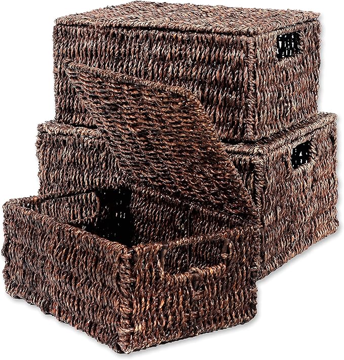 Trademark Innovations Set of 3 Rectangular Seagrass Baskets with Lids, Brown (Small)