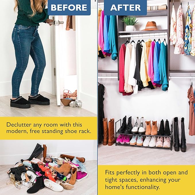 Sundaze Shoe Rack - 2 Tier Shoe Rack for Front Door Entrance, Sturdy Long Shoe Organizer for Closet, Bedroom, Entryway, Garage, Non Woven Fabric Shelf, Black, Holds Up to 10 Pairs