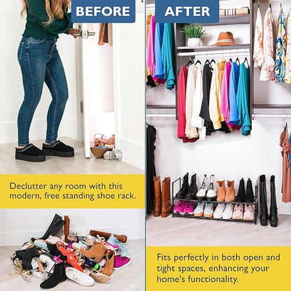 Sundaze Shoe Rack - 2 Tier Shoe Rack for Front Door Entrance, Sturdy Long Shoe Organizer for Closet, Bedroom, Entryway, Garage, Non Woven Fabric Shelf, Black, Holds Up to 10 Pairs