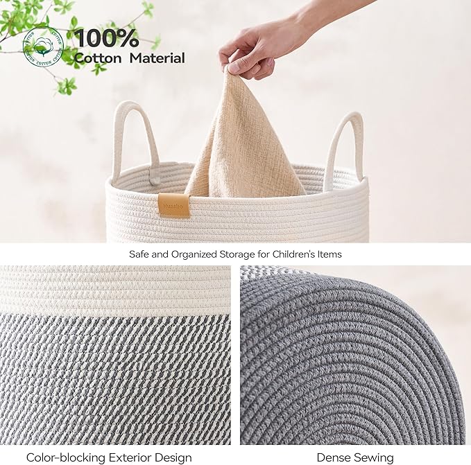 Nunsino Laundry Hamper 95L,Large Laundry Basket for Clothes,Decorative Storage Basket for Blankets,Cotton Rope Woven basket for bedroom,Grey White