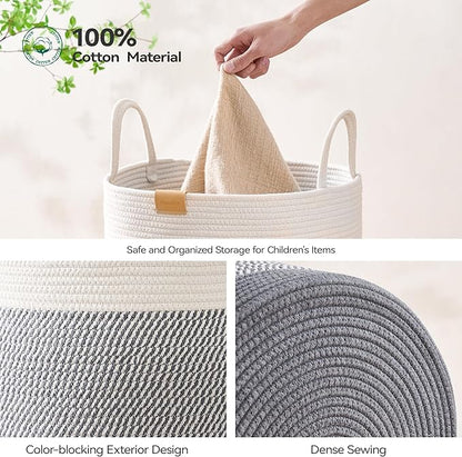 Nunsino Laundry Hamper 95L,Large Laundry Basket for Clothes,Decorative Storage Basket for Blankets,Cotton Rope Woven basket for bedroom,Grey White