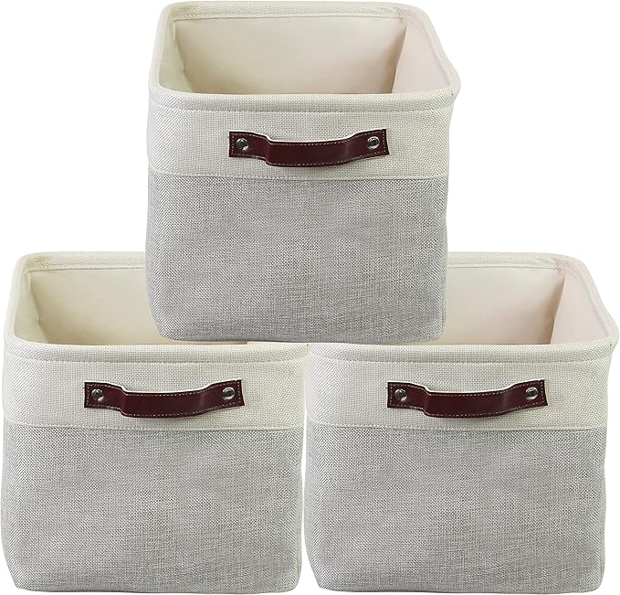 Simple Houseware 15" x 11" Large Fabric Storage Bin for Closet and Shelves, Leather Like Handles, 3 Pack, Gray