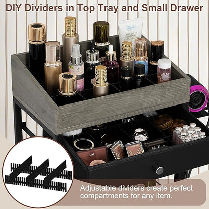 Makeup Organizer Cart with 3 Drawers, Rolling Cosmetic Storage Cart with Adjustable Dividers, Detachable Hair Tool Holder & Lockable Wheels, Vanity Organizer for Small Spaces, Black & Grey