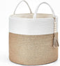 Mkono Woven Storage Basket Decorative Natural Rope Basket Wooden Bead Decoration for Blankets,Toys,Clothes,Shoes,Plant Organizer Bin with Handles Living Room Home, 16" Wx13.8 L, Cream White and Brown