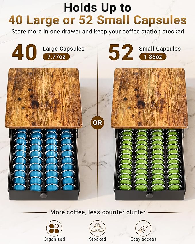 EVERIE Coffee Pod Holder Drawer, Compatible with Nespresso Vertuo Capsules, Holds 40 Large or 52 Small Pods, Flexible Slots for 4 Capsule Sizes, Rustic Brown Countertop Organizer, 15.6" Dx13 Wx3.7 H