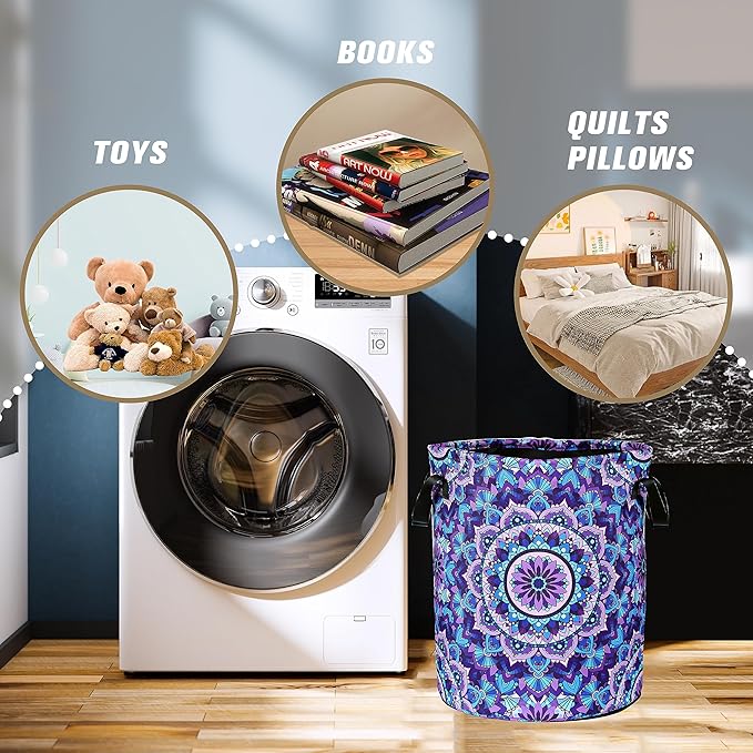 Mandala Laundry Basket Beautiful Flowers Foldable Oxford Cloth Funny Tote Bag Laundry Hamper Clothes Storage Bucket Organizer For Bathroom/Laundry Storage/Bedroom 17.7x13.7 Inch