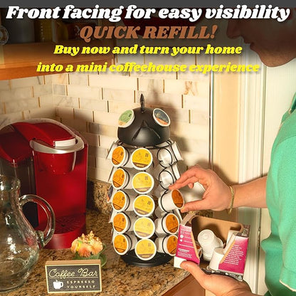 Made Easy Kit Carousel Coffee Pod Holder, Compatible with Keurig K-Pods K-Cups, Countertop Rack Storage Organizer, Metal Home and Kitchen Decor, Capsule Café Station Bar (Large, Black Rooster)