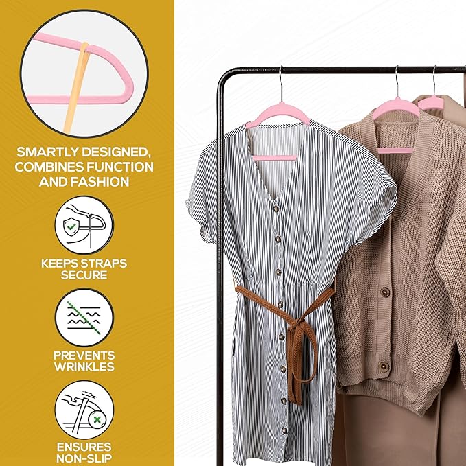 Techzoo Premium Velvet Hangers 50 Pack Ultra Thin Non Slip Adult Felt Space Saving Suit Hanger for Closet Heavy Duty Coat Pants Jackets Dress Hangers 360° Swivel Hook Hold Upto 10 lbs Pink