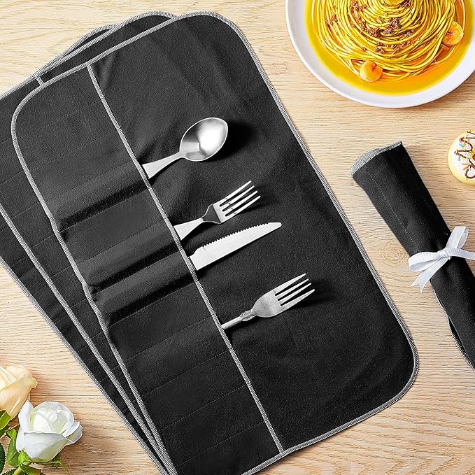 Hillban 6 Pcs Anti Tarnish Silver Storage Bags Silver Storage Cloth Felt Flatware Organizer Anti Tarnish Protector Bags Place Setting Roll with White Ribbon for Kitchen Cutlery (12 Slots,Black)