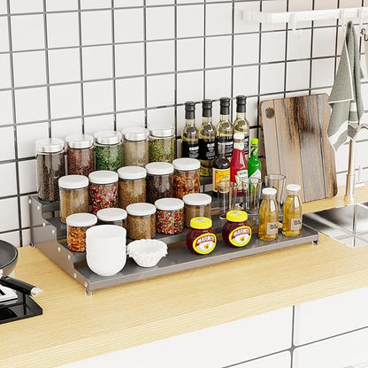 Jojocross Expandable 4-Tier Step Spice Rack Organizer for Kitchen Cabinet Modern Design and Non Skid Space Saving Storage Shelf for Countertop Cabinets Pantry (1Pack/Gun-Grey)