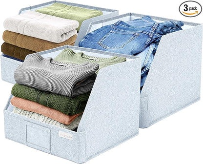VIVIDECOR Open Front Trapezoid Closet Bins 12x12x10 – Easy Access Shelf Organizer for Folded Clothes, Fabric Storage Baskets for Sweaters, Towels, Linen – Light Blue, 3 Pack