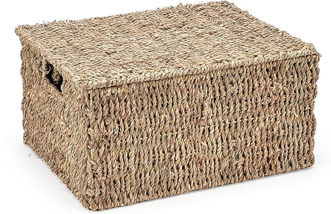 Trademark Innovations Set of 3 Rectangular Seagrass Baskets with Lids, Natural (Small)
