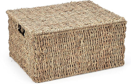 Trademark Innovations Set of 3 Rectangular Seagrass Baskets with Lids, Natural (Small)