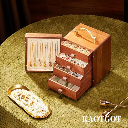 Wooden Jewelry Box for Women Walnut Wooden Jewelry Box with handle 4-Tier Jewelry Organizer for Rings, Necklaces