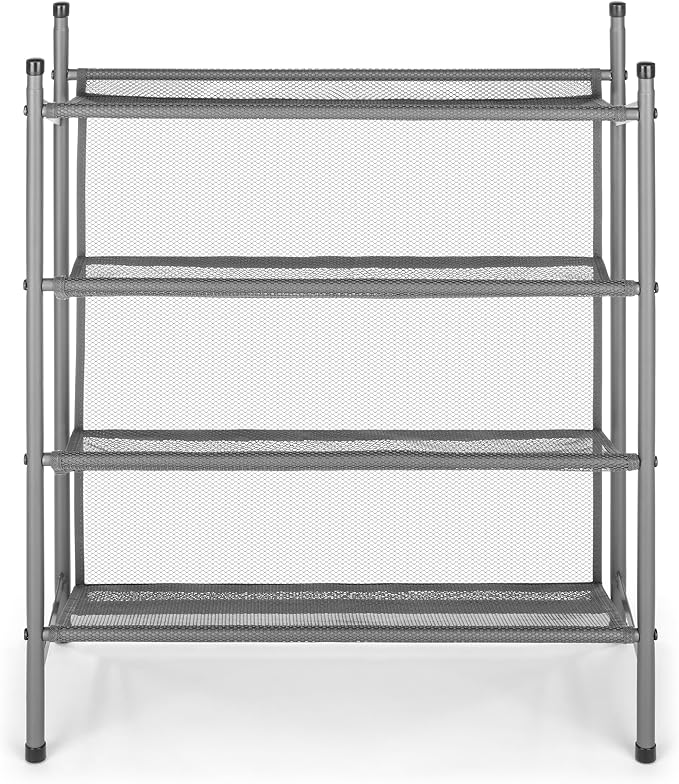 Whitmor Metal & Mesh 4-Tier Shoe Rack, Store up to 12 Pairs of Shoes, Stackable, 9" L x 21.6" W x 27" H, Gunmetal