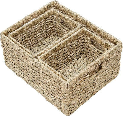 Vagusicc Wicker Basket, Set of 3 Hand-woven Storage Baskets for Organizing, Seagrass Wicker Storage Basket Bins with Handles, Small Toilet Paper Storage Baskets for Shelves Pantry Baskets (Seagrass)
