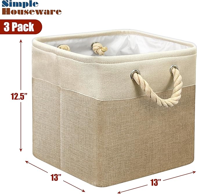 Simple Houseware 13" x 13" Large Fabric Storage Cubes for Closet and Cube Organizer, 3 Pack, Beige