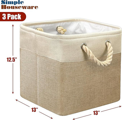 Simple Houseware 13" x 13" Large Fabric Storage Cubes for Closet and Cube Organizer, 3 Pack, Beige